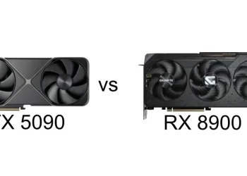 A product shot showing the NVIDIA GeForce RTX 5090 and the AMD Radeon RX 8900 XTX graphics cards side-by-side on a clean background.